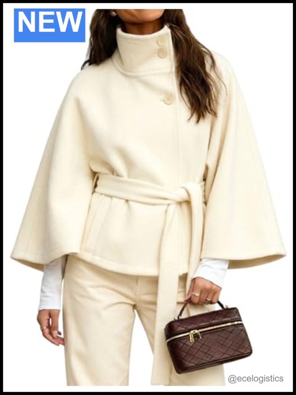 Wool Blend Poncho Pea Coat Stand Collar Batwing Sleeve Cape Jacket Women